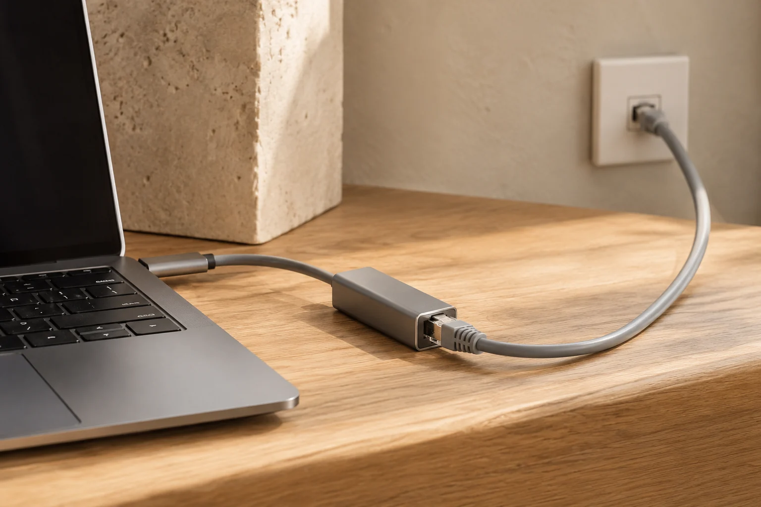 RJ45网线连接到笔记本旁的USB-C网络转接器，后方有墙面网络接口